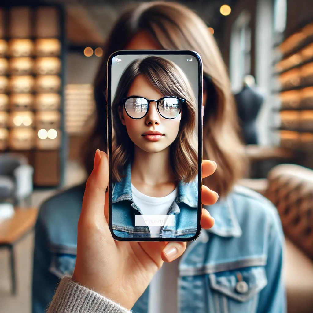 Young woman testing a virtual try-on software for eyewear